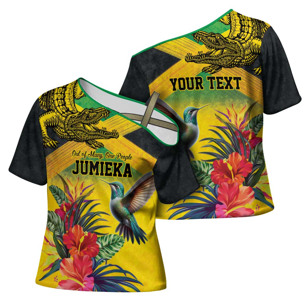Personalized Black Jamaicans Crocodile Hummingbird Cross Shoulder Shirt Tropical Flowers Grunge Flag