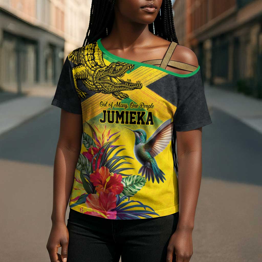 Personalized Black Jamaicans Crocodile Hummingbird Cross Shoulder Shirt Tropical Flowers Grunge Flag
