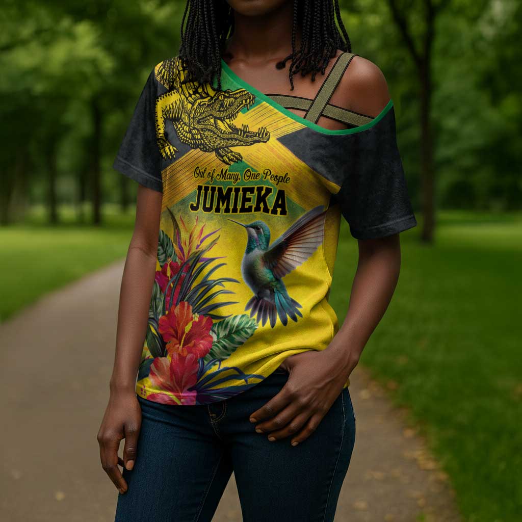 Personalized Black Jamaicans Crocodile Hummingbird Cross Shoulder Shirt Tropical Flowers Grunge Flag