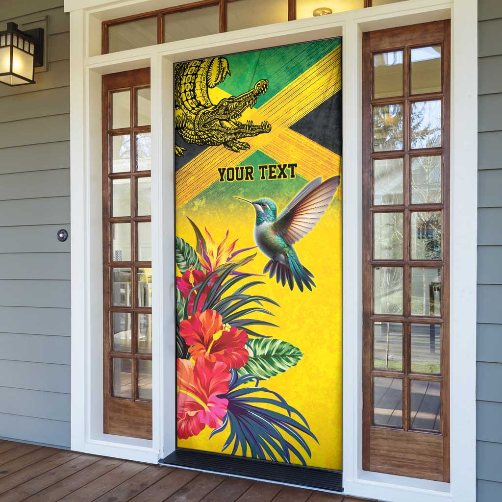 Personalized Black Jamaicans Crocodile Hummingbird Door Cover Tropical Flowers Grunge Flag