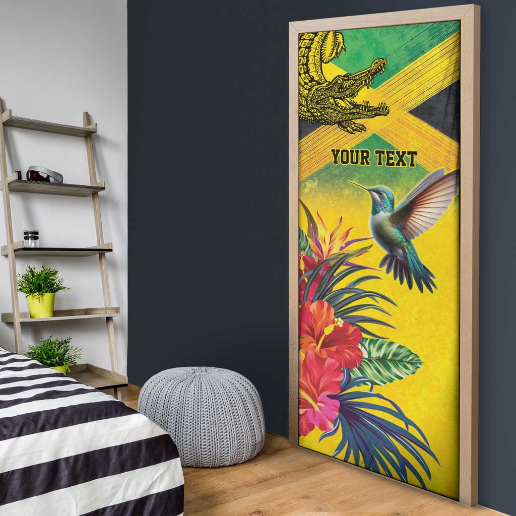 Personalized Black Jamaicans Crocodile Hummingbird Door Cover Tropical Flowers Grunge Flag