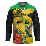 Personalized Black Jamaicans Crocodile Hummingbird Hockey Jersey Tropical Flowers Grunge Flag