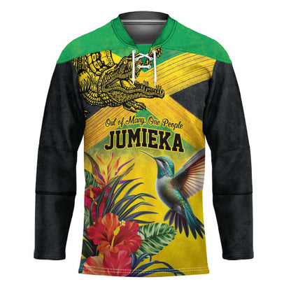 Personalized Black Jamaicans Crocodile Hummingbird Hockey Jersey Tropical Flowers Grunge Flag