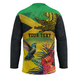 Personalized Black Jamaicans Crocodile Hummingbird Hockey Jersey Tropical Flowers Grunge Flag
