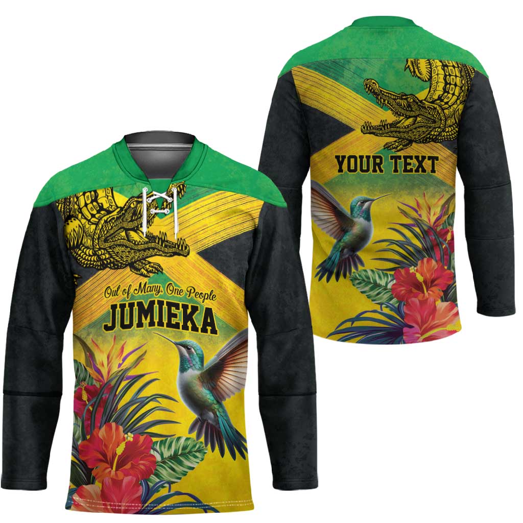 Personalized Black Jamaicans Crocodile Hummingbird Hockey Jersey Tropical Flowers Grunge Flag