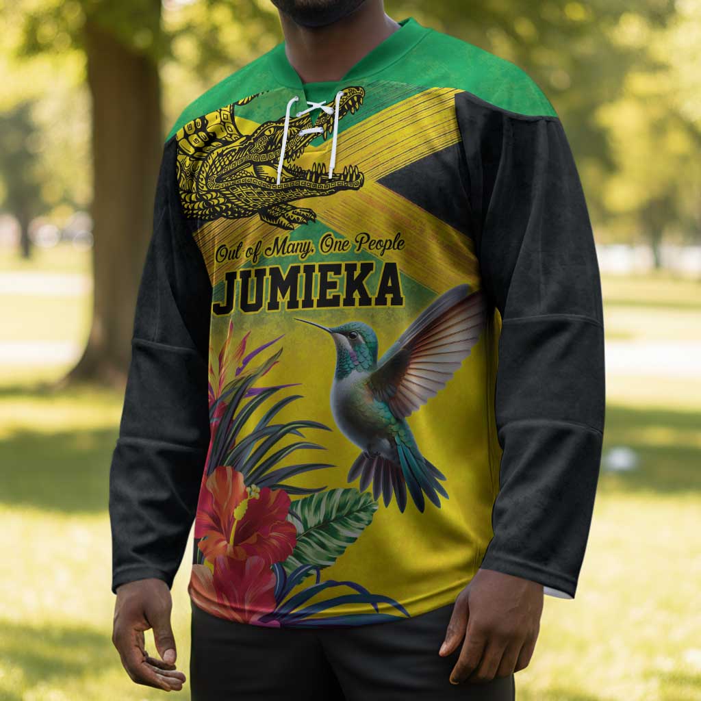 Personalized Black Jamaicans Crocodile Hummingbird Hockey Jersey Tropical Flowers Grunge Flag