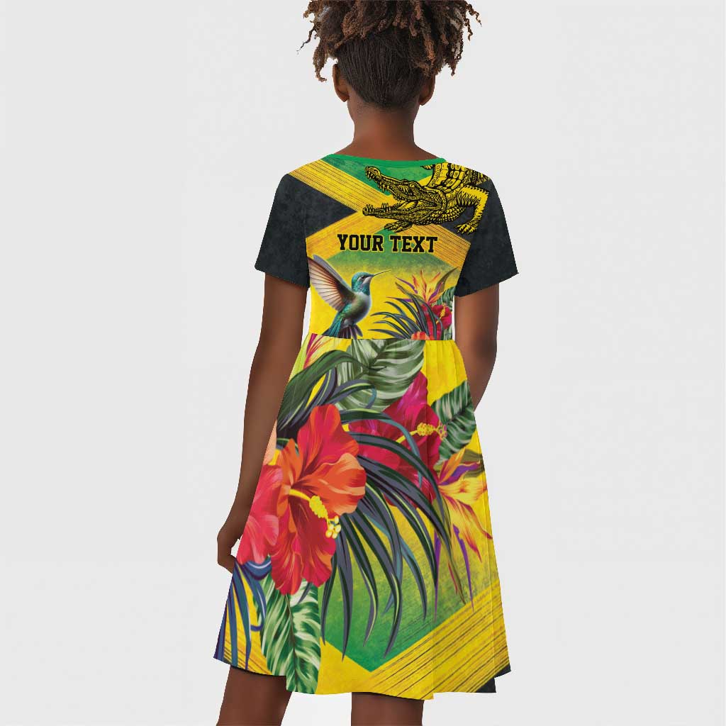 Personalized Black Jamaicans Crocodile Hummingbird Kid Short Sleeve Dress Tropical Flowers Grunge Flag - African Pride