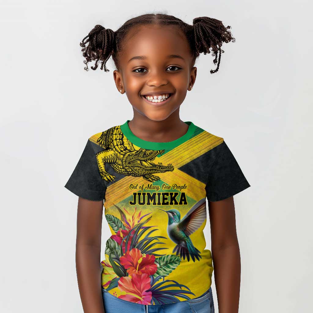 Personalized Black Jamaicans Crocodile Hummingbird Kid T shirt Tropical Flowers Grunge Flag - African Pride