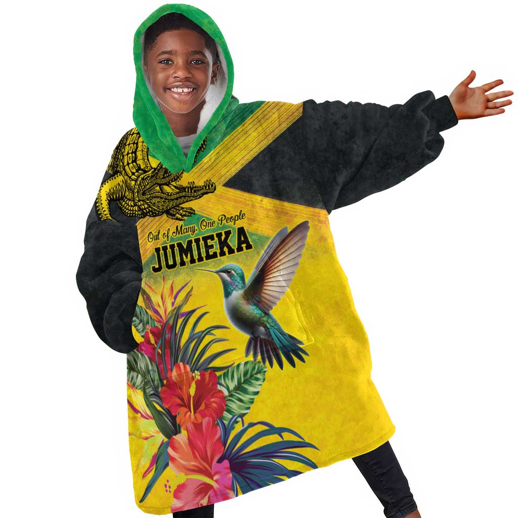 Personalized Black Jamaicans Crocodile Hummingbird Kid Wearable Blanket Hoodie Tropical Flowers Grunge Flag - African Pride