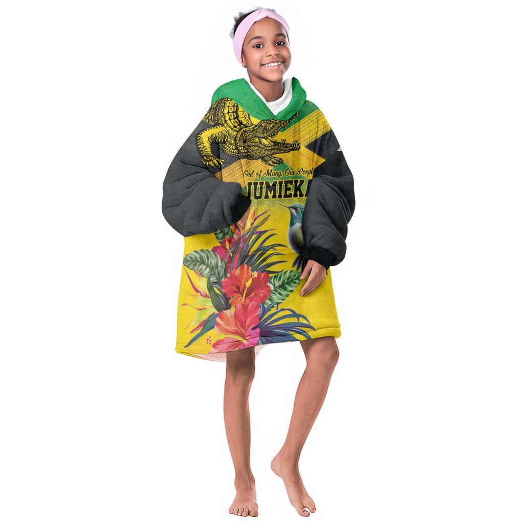 Personalized Black Jamaicans Crocodile Hummingbird Kid Wearable Blanket Hoodie Tropical Flowers Grunge Flag - African Pride