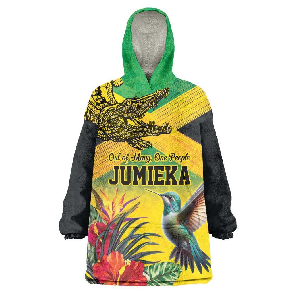 Personalized Black Jamaicans Crocodile Hummingbird Kid Wearable Blanket Hoodie Tropical Flowers Grunge Flag - African Pride