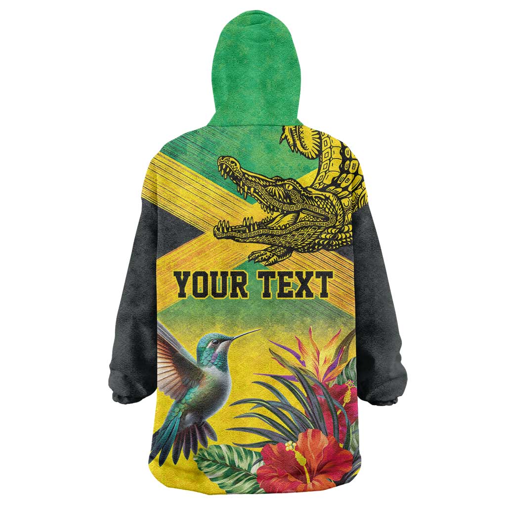Personalized Black Jamaicans Crocodile Hummingbird Kid Wearable Blanket Hoodie Tropical Flowers Grunge Flag - African Pride