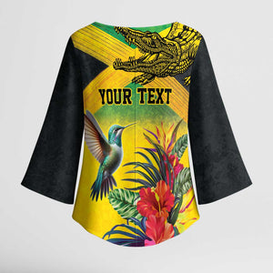 Personalized Black Jamaicans Crocodile Hummingbird Kimono Sleeve Blouse Tropical Flowers Grunge Flag