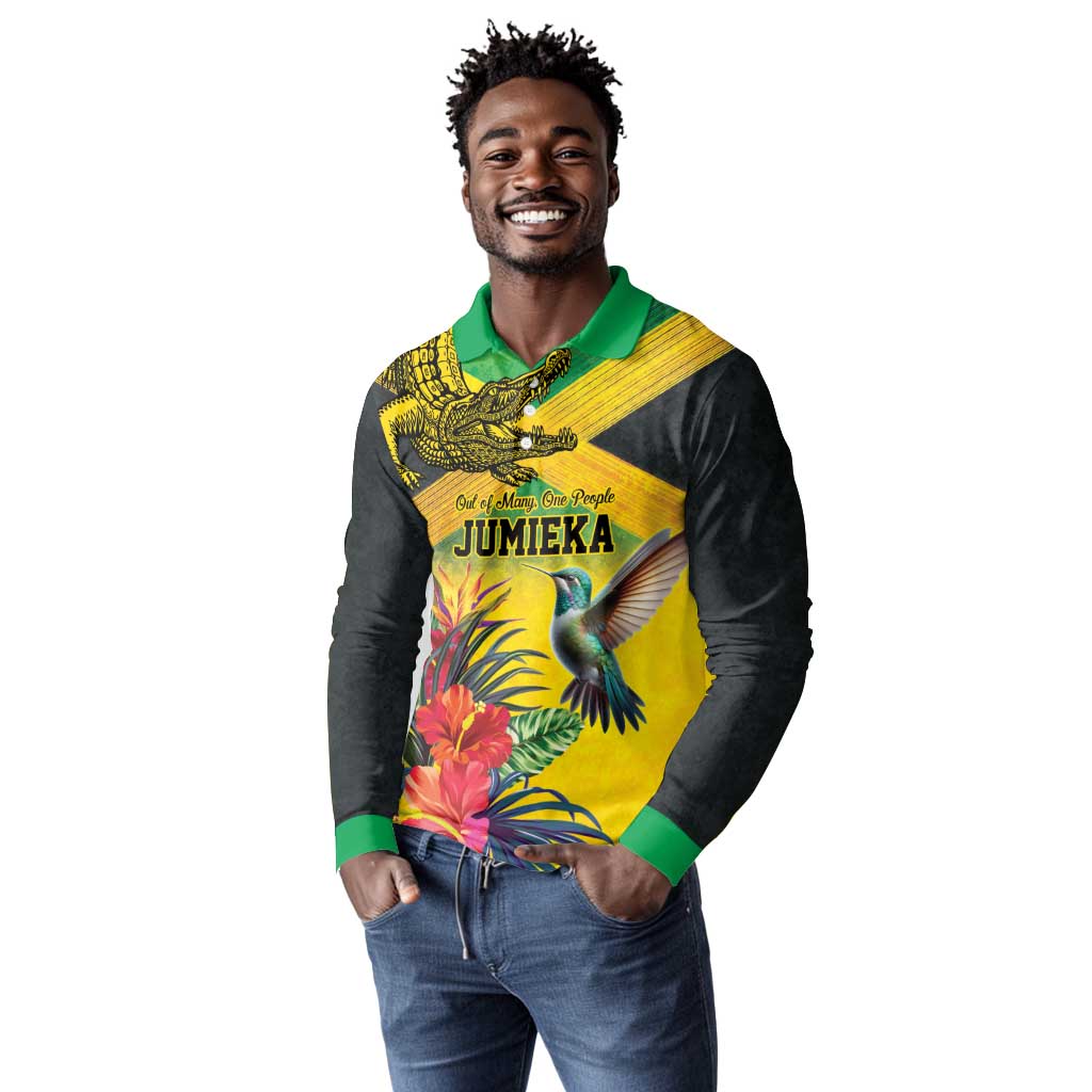 Personalized Black Jamaicans Crocodile Hummingbird Long Sleeve Polo Shirt Tropical Flowers Grunge Flag - African Pride