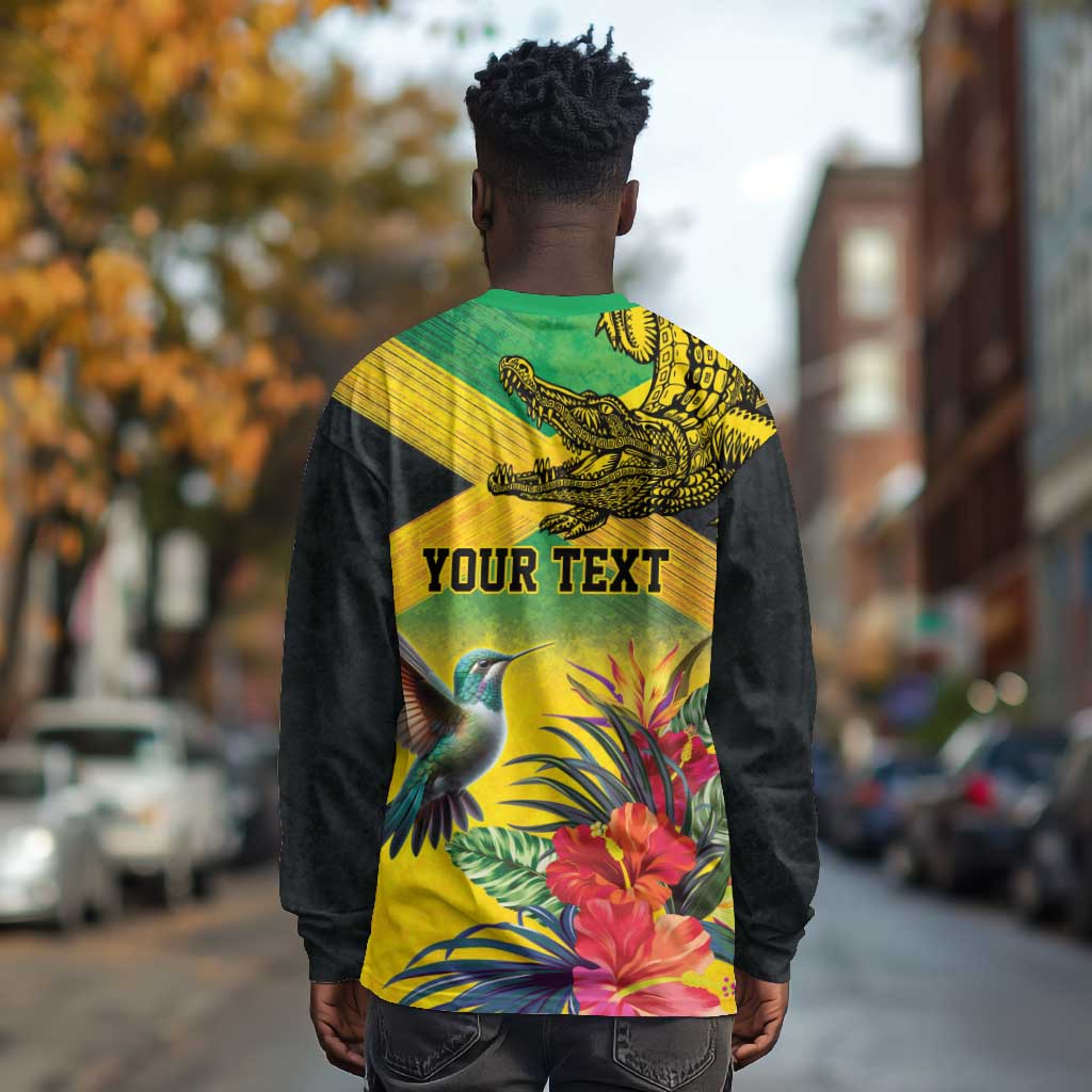 Personalized Black Jamaicans Crocodile Hummingbird Long Sleeve Shirt Tropical Flowers Grunge Flag - African Pride