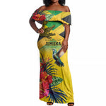 Personalized Black Jamaicans Crocodile Hummingbird Off Shoulder Maxi Dress Tropical Flowers Grunge Flag - African Pride