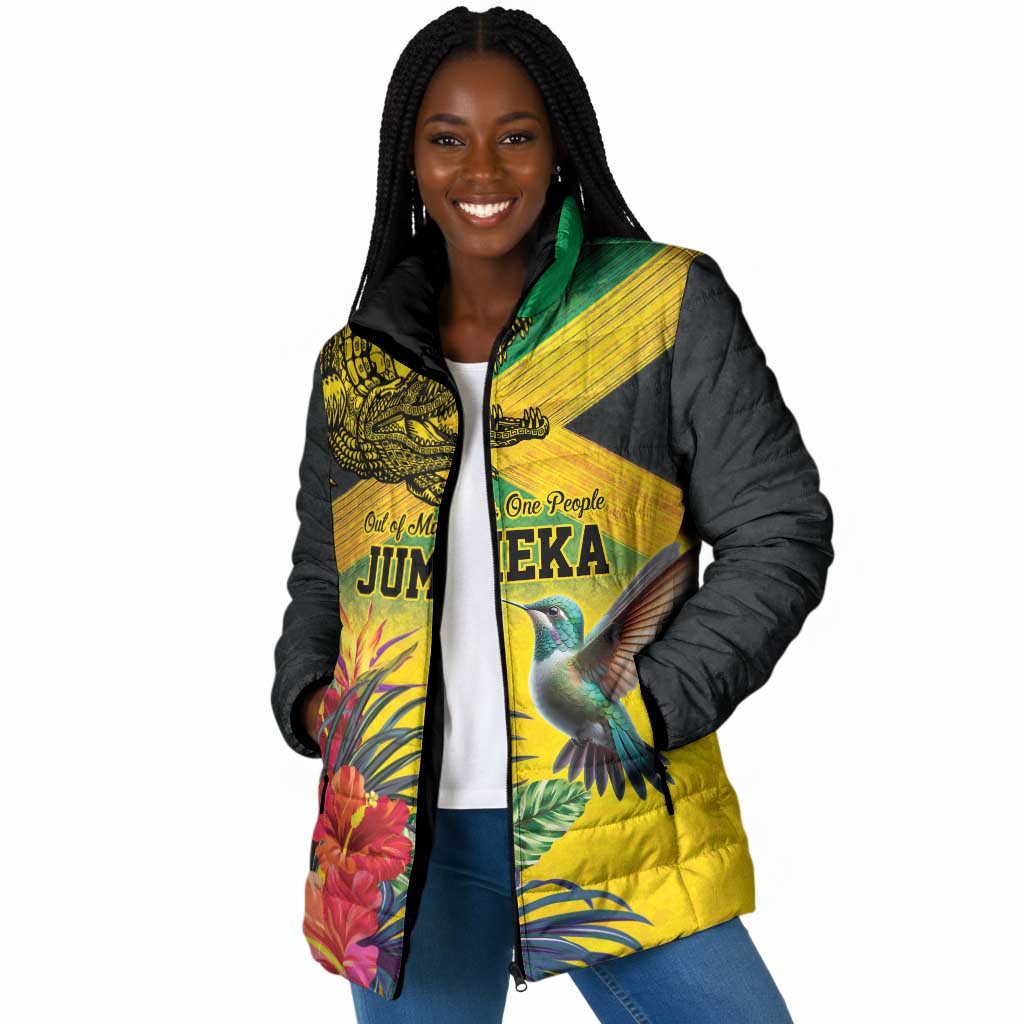 Personalized Black Jamaicans Crocodile Hummingbird Padded Jacket Tropical Flowers Grunge Flag