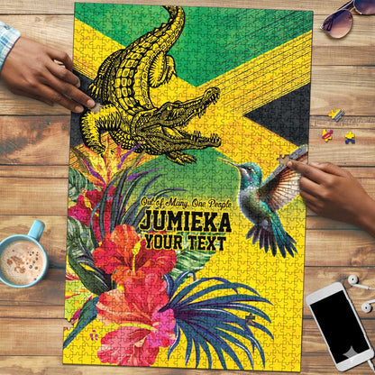 Personalized Black Jamaicans Crocodile Hummingbird Puzzle Tropical Flowers Grunge Flag