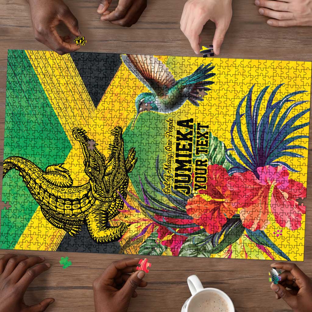 Personalized Black Jamaicans Crocodile Hummingbird Puzzle Tropical Flowers Grunge Flag