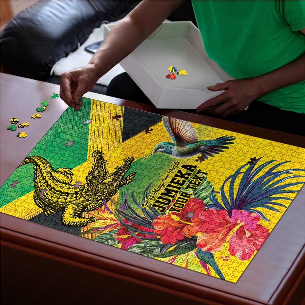 Personalized Black Jamaicans Crocodile Hummingbird Puzzle Tropical Flowers Grunge Flag