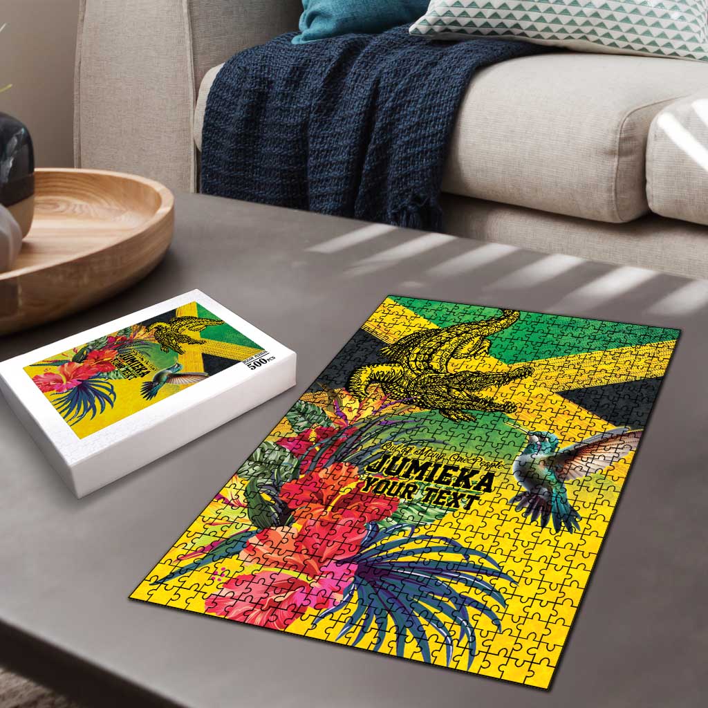 Personalized Black Jamaicans Crocodile Hummingbird Puzzle Tropical Flowers Grunge Flag