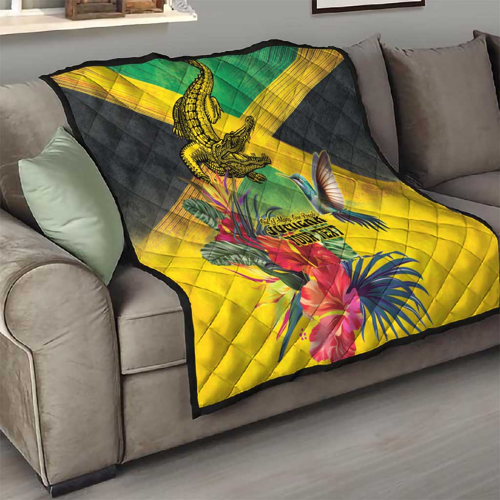 Personalized Black Jamaicans Crocodile Hummingbird Quilt Tropical Flowers Grunge Flag - African Pride