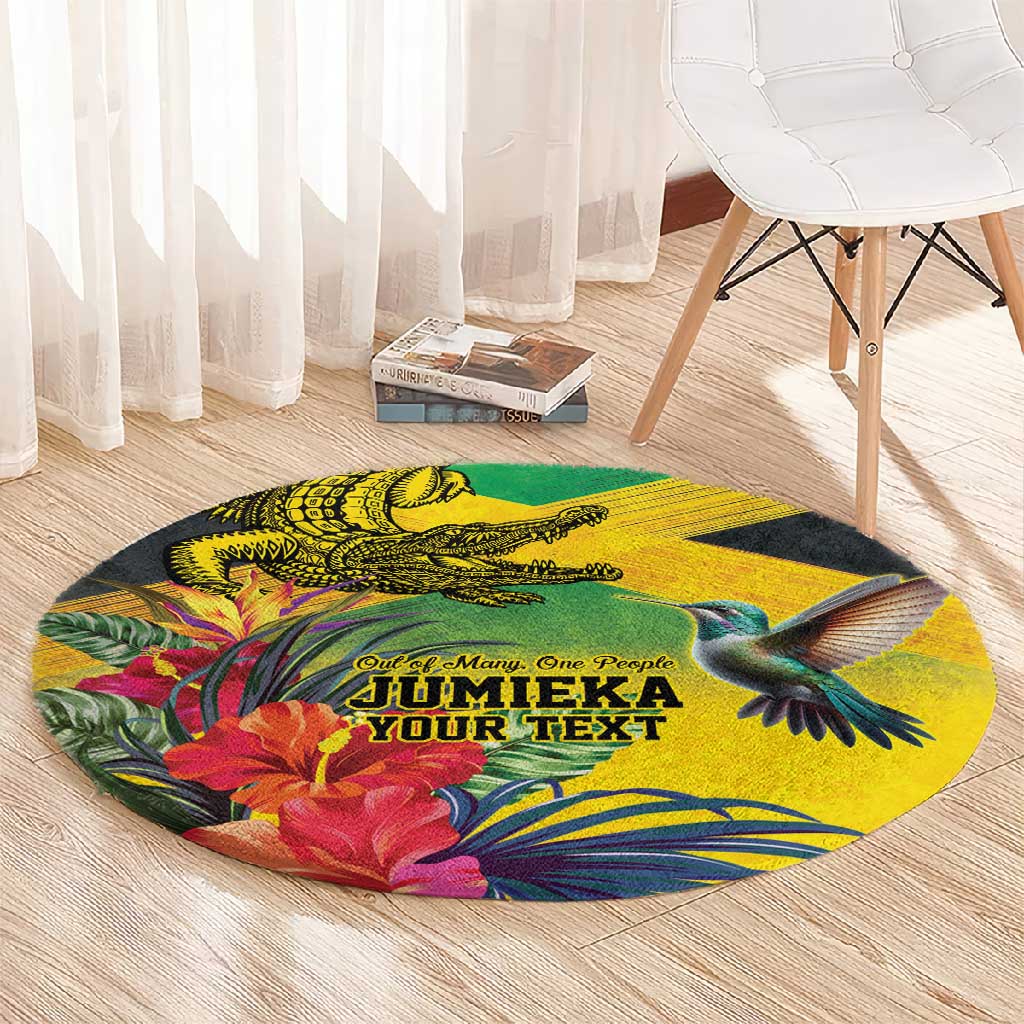 Personalized Black Jamaicans Crocodile Hummingbird Round Carpet Tropical Flowers Grunge Flag - African Pride