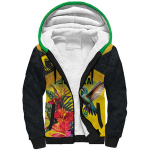 Personalized Black Jamaicans Crocodile Hummingbird Sherpa Hoodie Tropical Flowers Grunge Flag - African Pride