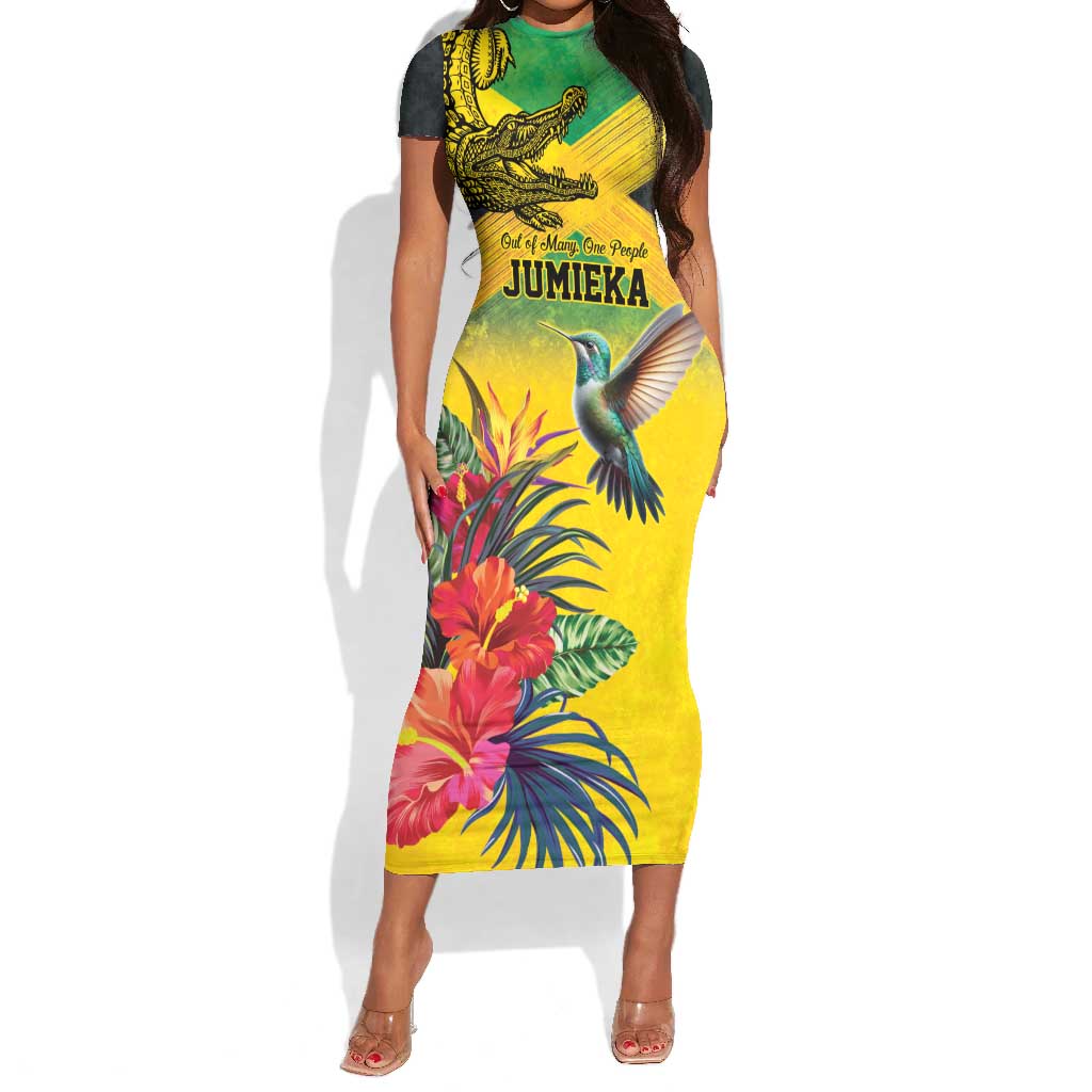 Personalized Black Jamaicans Crocodile Hummingbird Short Sleeve Bodycon Dress Tropical Flowers Grunge Flag - African Pride