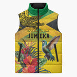 Personalized Black Jamaicans Crocodile Hummingbird Sleeveless Puffer Jacket Tropical Flowers Grunge Flag