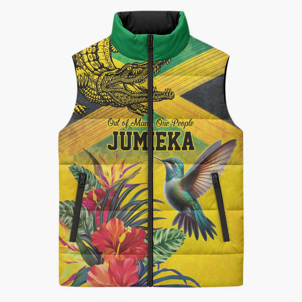 Personalized Black Jamaicans Crocodile Hummingbird Sleeveless Puffer Jacket Tropical Flowers Grunge Flag