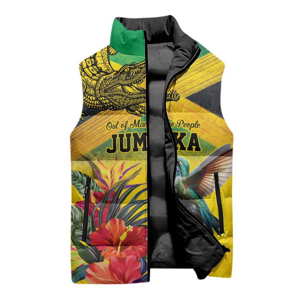 Personalized Black Jamaicans Crocodile Hummingbird Sleeveless Puffer Jacket Tropical Flowers Grunge Flag