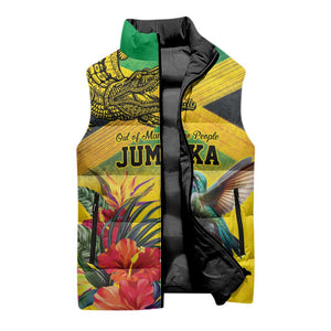 Personalized Black Jamaicans Crocodile Hummingbird Sleeveless Puffer Jacket Tropical Flowers Grunge Flag
