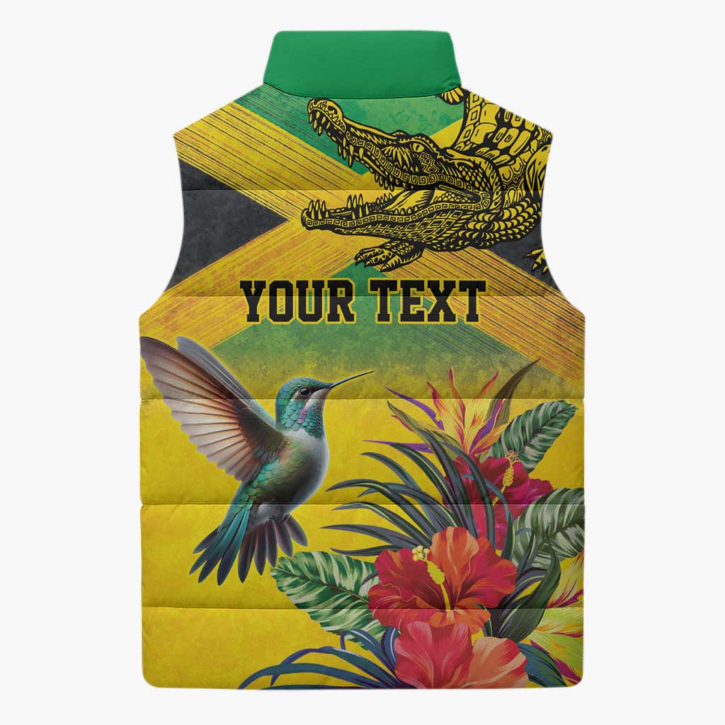 Personalized Black Jamaicans Crocodile Hummingbird Sleeveless Puffer Jacket Tropical Flowers Grunge Flag