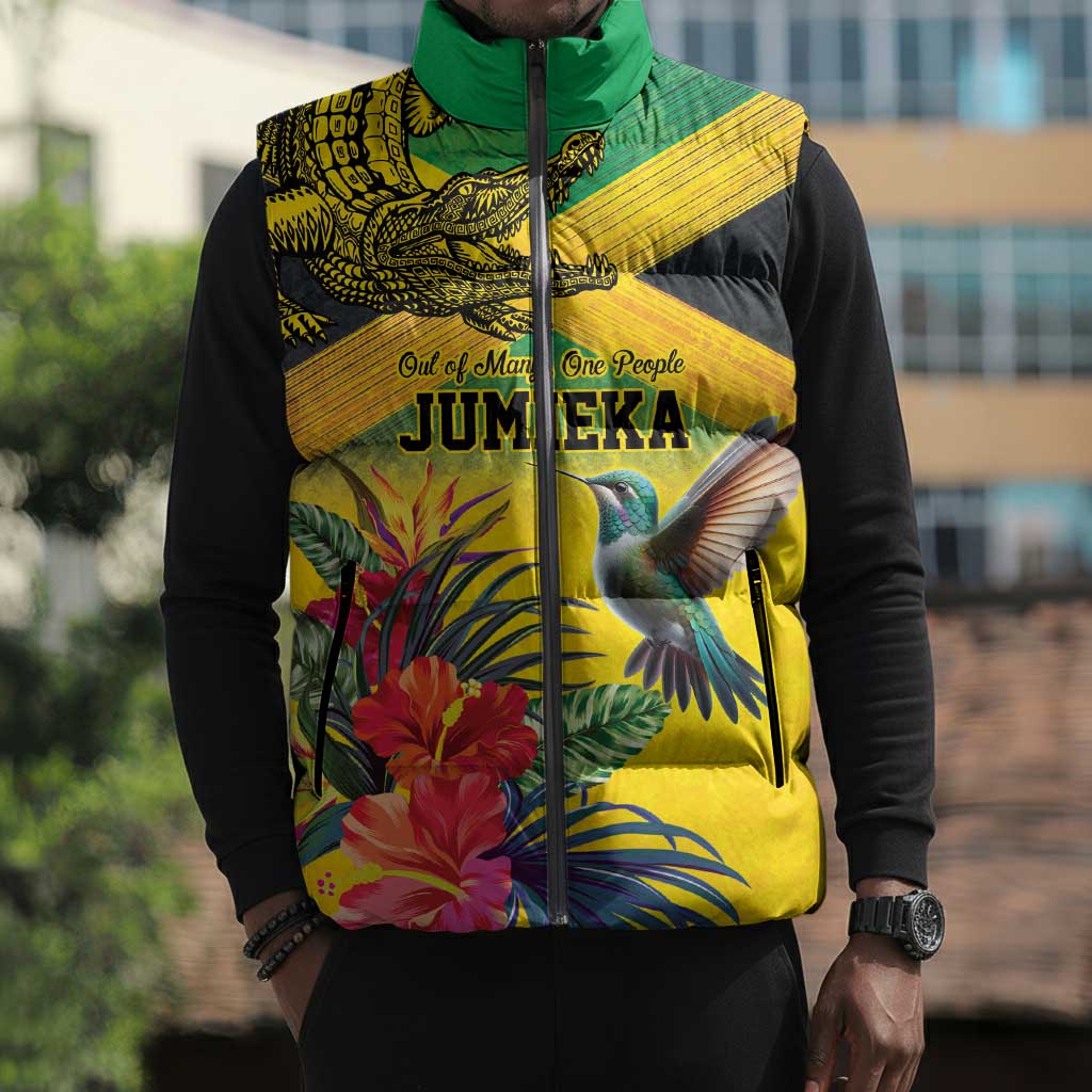 Personalized Black Jamaicans Crocodile Hummingbird Sleeveless Puffer Jacket Tropical Flowers Grunge Flag