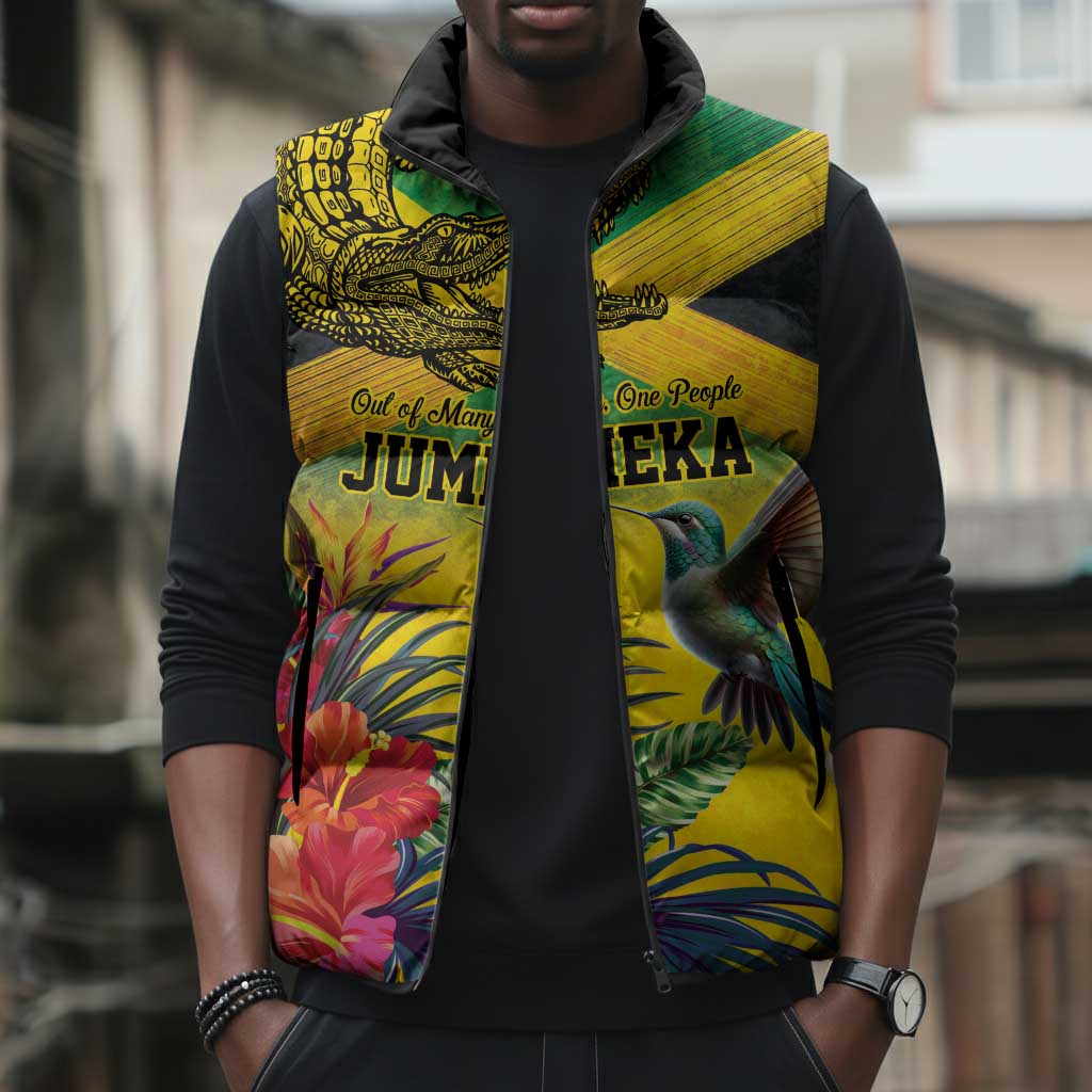 Personalized Black Jamaicans Crocodile Hummingbird Sleeveless Puffer Jacket Tropical Flowers Grunge Flag