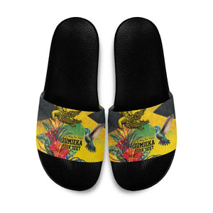 Personalized Black Jamaicans Crocodile Hummingbird Slide Sandals Tropical Flowers Grunge Flag