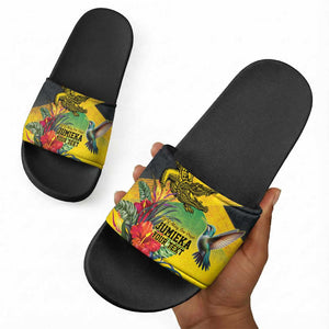 Personalized Black Jamaicans Crocodile Hummingbird Slide Sandals Tropical Flowers Grunge Flag