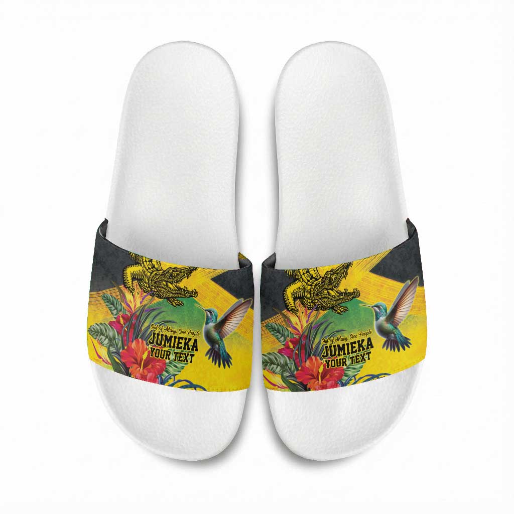 Personalized Black Jamaicans Crocodile Hummingbird Slide Sandals Tropical Flowers Grunge Flag