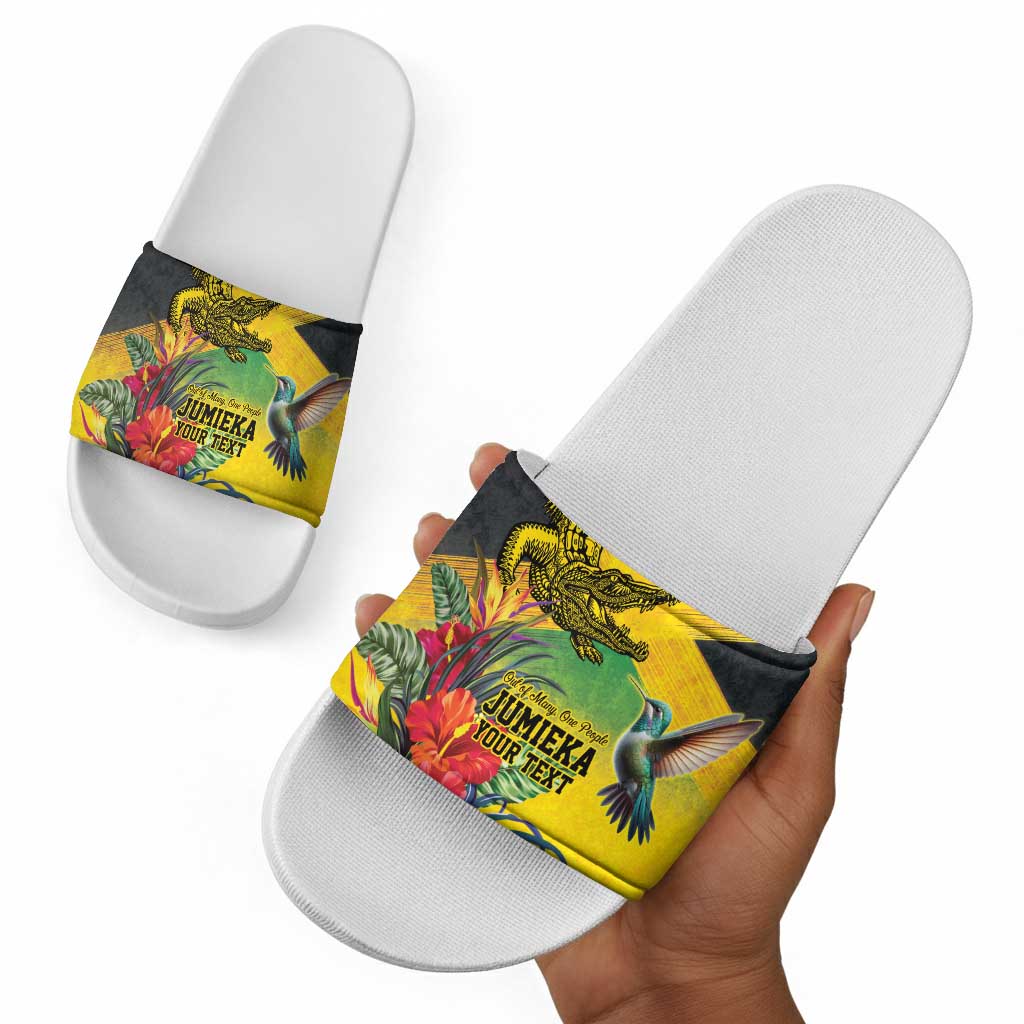Personalized Black Jamaicans Crocodile Hummingbird Slide Sandals Tropical Flowers Grunge Flag