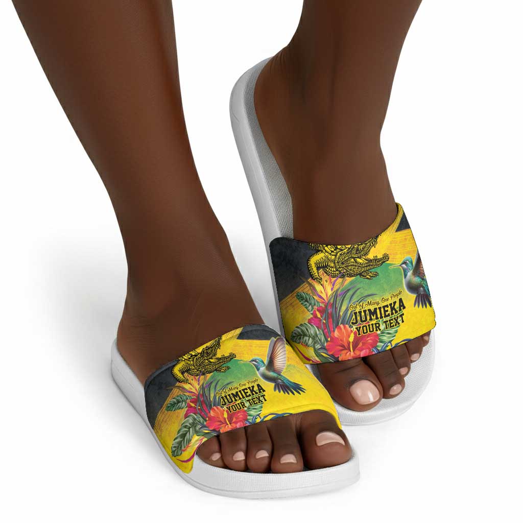 Personalized Black Jamaicans Crocodile Hummingbird Slide Sandals Tropical Flowers Grunge Flag