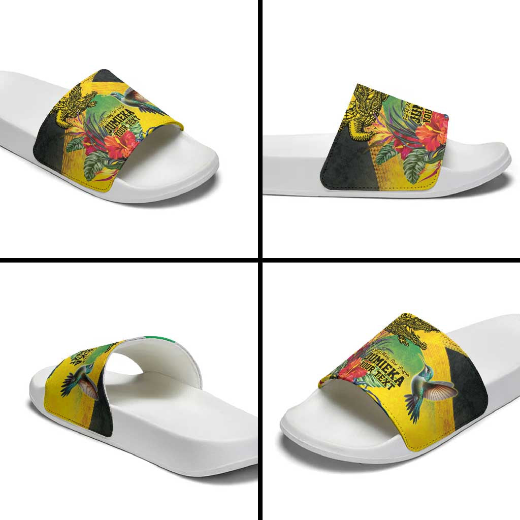 Personalized Black Jamaicans Crocodile Hummingbird Slide Sandals Tropical Flowers Grunge Flag