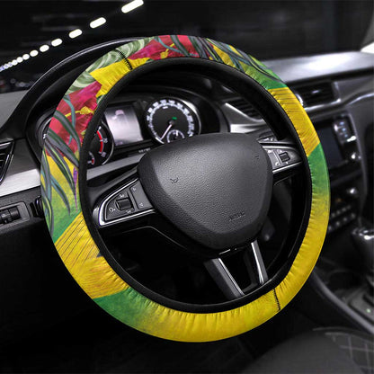 Black Jamaicans Crocodile Hummingbird Steering Wheel Cover Tropical Flowers Grunge Flag - African Pride