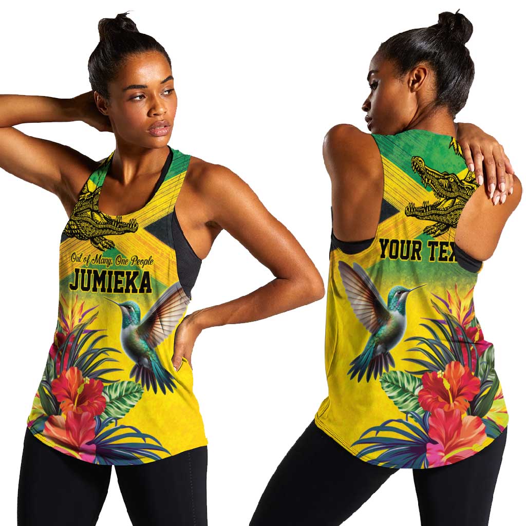 Personalized Black Jamaicans Crocodile Hummingbird Women Racerback Tank Tropical Flowers Grunge Flag - African Pride