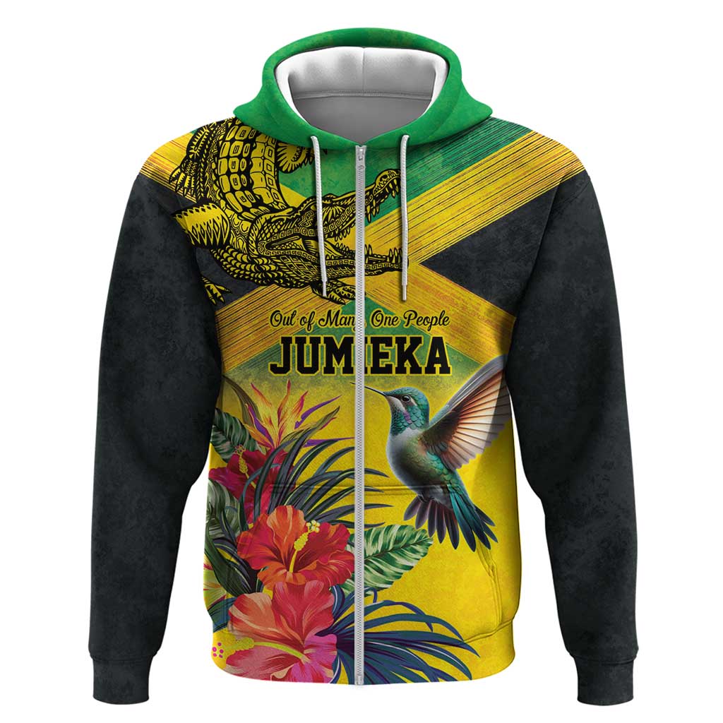 Personalized Black Jamaicans Crocodile Hummingbird Zip Hoodie Tropical Flowers Grunge Flag - African Pride