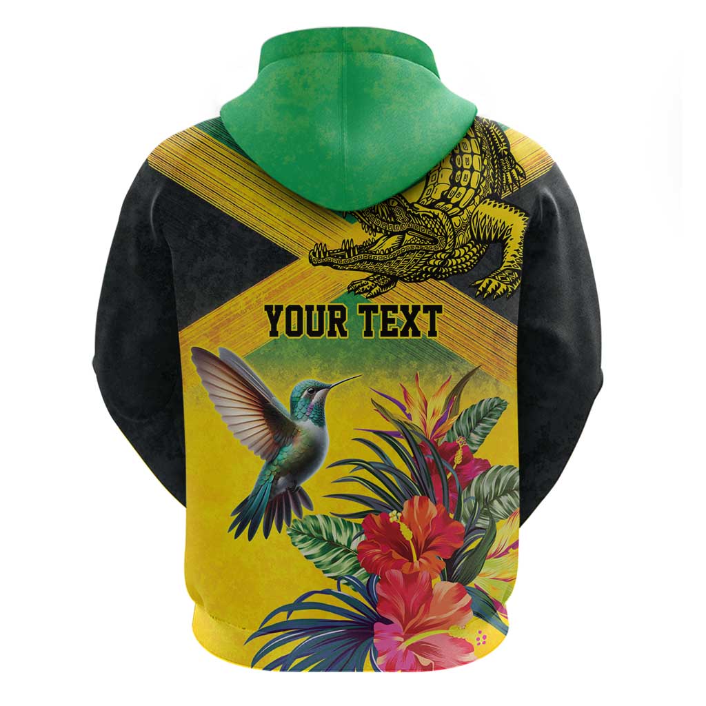 Personalized Black Jamaicans Crocodile Hummingbird Zip Hoodie Tropical Flowers Grunge Flag - African Pride