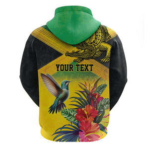 Personalized Black Jamaicans Crocodile Hummingbird Zip Hoodie Tropical Flowers Grunge Flag - African Pride