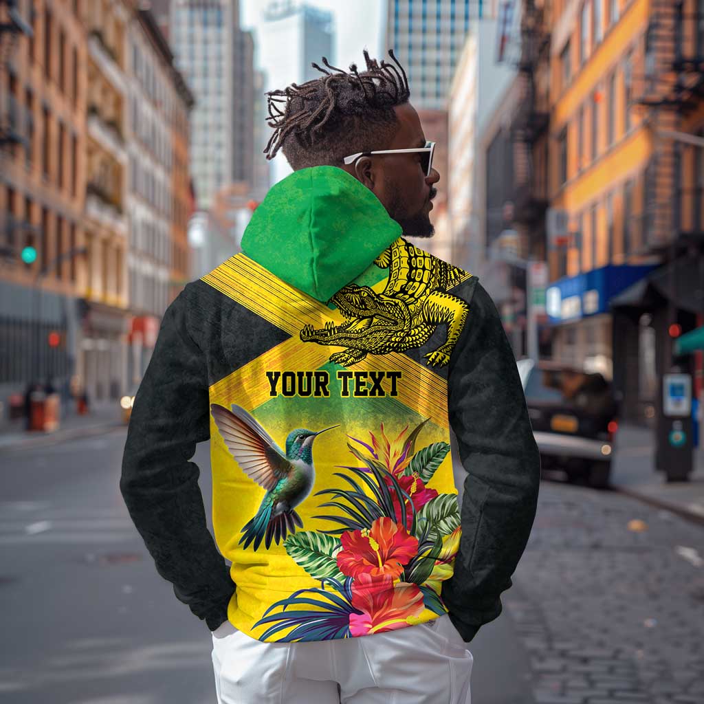 Personalized Black Jamaicans Crocodile Hummingbird Zip Hoodie Tropical Flowers Grunge Flag - African Pride