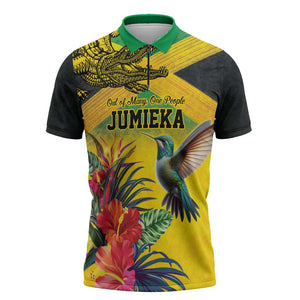 Personalized Black Jamaicans Crocodile Hummingbird Zipper Polo Shirt Tropical Flowers Grunge Flag