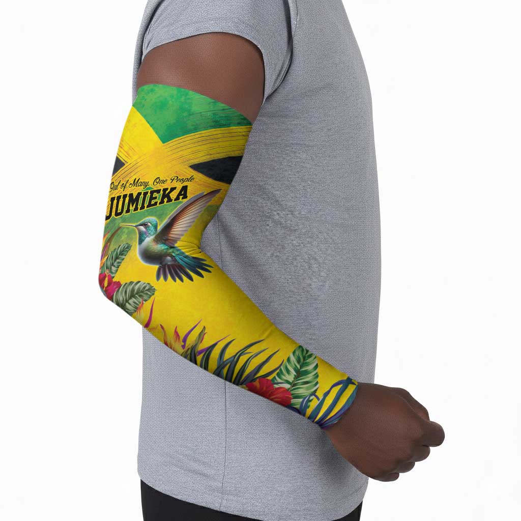Personalized Black Jamaicans Hummingbird Arm Sleeves Tropical Flowers Grunge Flag